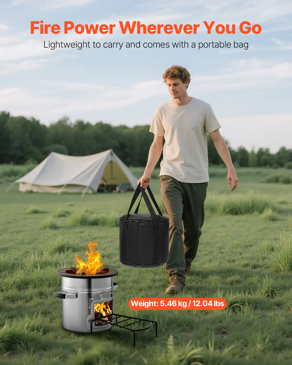 VEVOR Camping Rocket Stove, Portable Wood Burning Stove with Bag, Stainless Steel, Single Door, Suitable for Wood and Branches