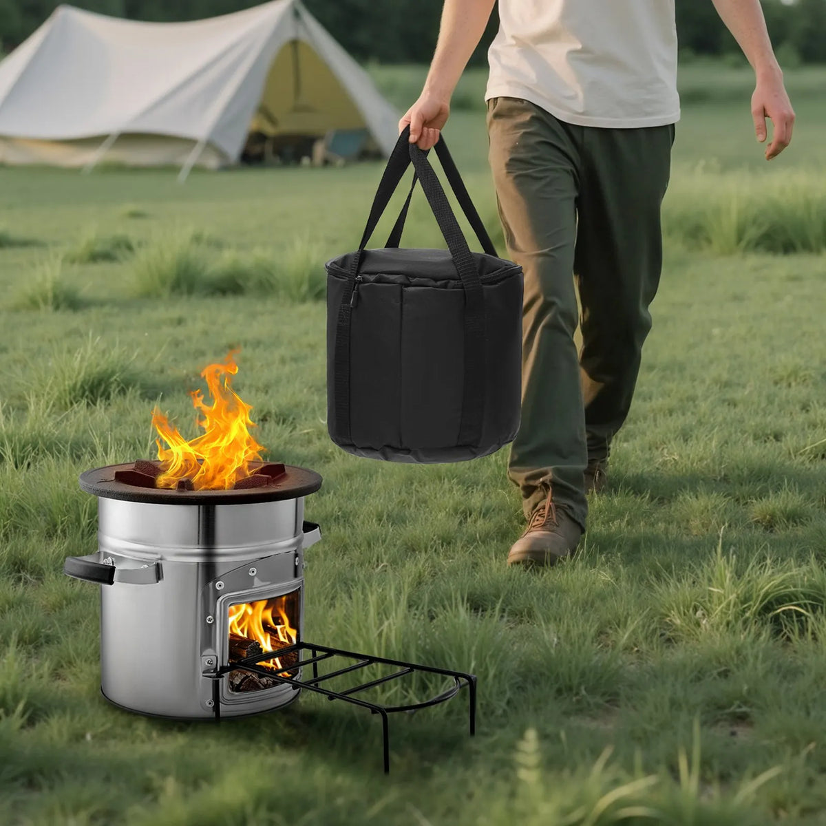 VEVOR Camping Rocket Stove, Portable Wood Burning Stove with Bag, Stainless Steel, Single Door, Suitable for Wood and Branches