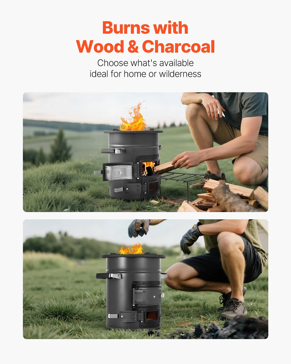 VEVOR Camping Rocket Stove, Portable Wood Burning Stove with Bag, SPCC Steel, Double Doors, Suitable for Twigs, Branches or Charcoal, Outdoor Cooking, Garden and Camping