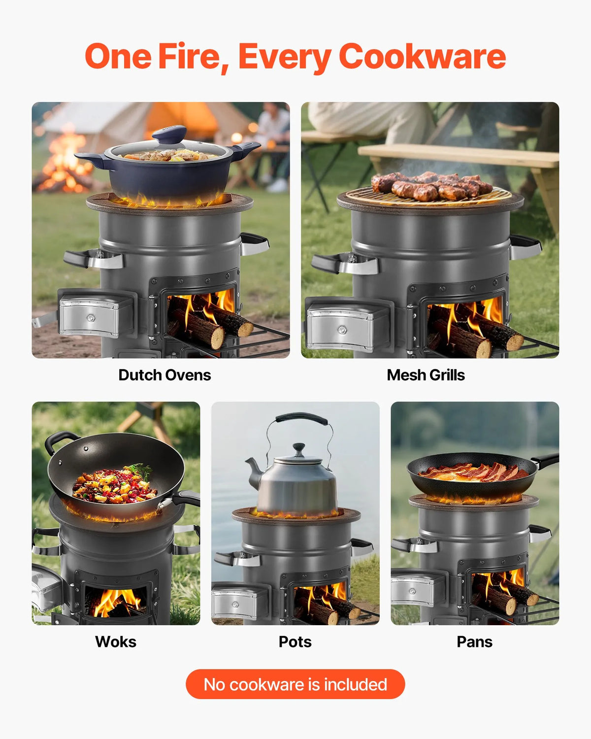 VEVOR Camping Rocket Stove, Portable Wood Burning Stove with Bag, SPCC Steel, Double Doors, Suitable for Twigs, Branches or Charcoal, Outdoor Cooking, Garden and Camping
