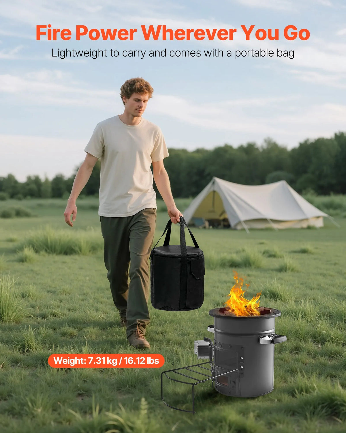 VEVOR Camping Rocket Stove, Portable Wood Burning Stove with Bag, SPCC Steel, Double Doors, Suitable for Twigs, Branches or Charcoal, Outdoor Cooking, Garden and Camping