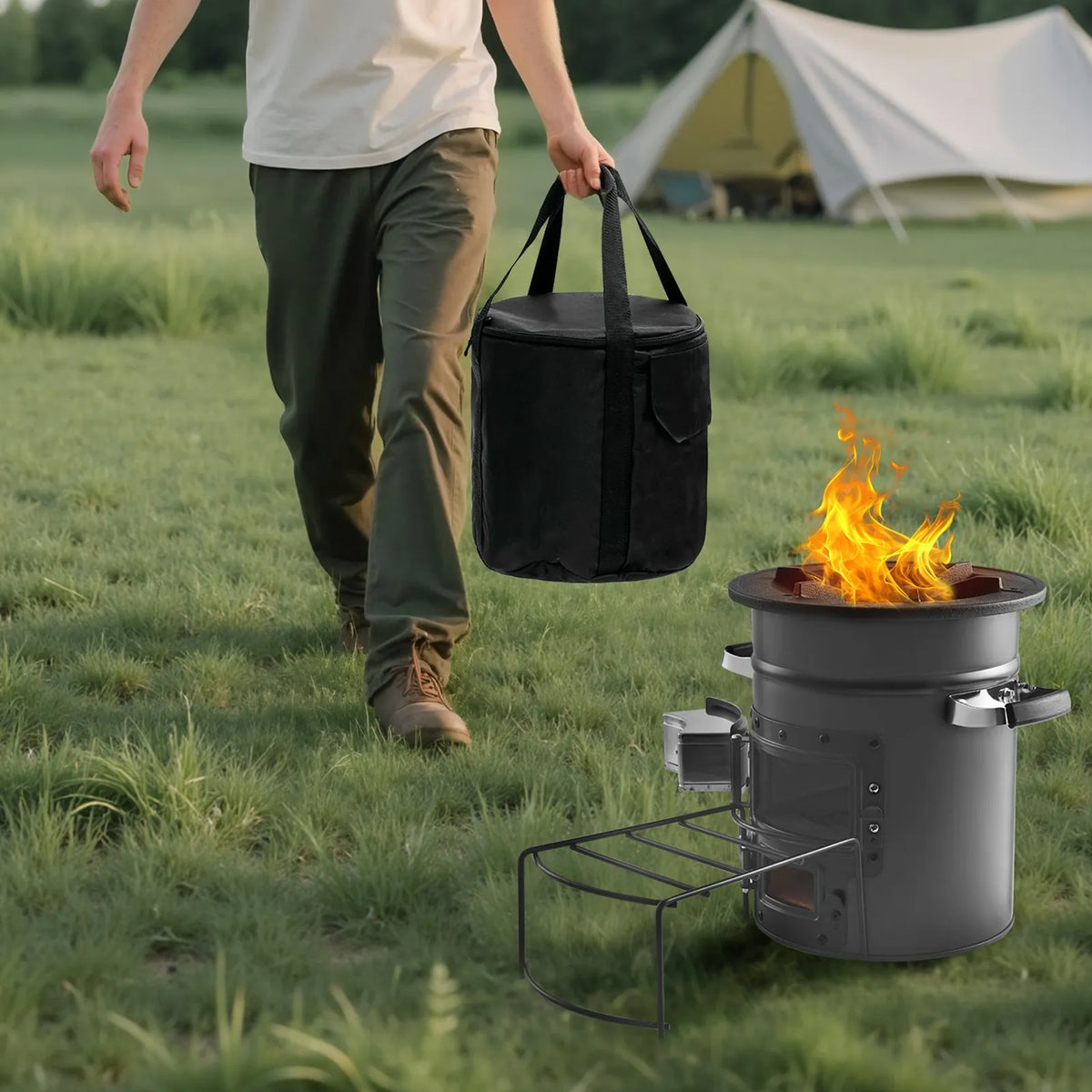 VEVOR Camping Rocket Stove, Portable Wood Burning Stove with Bag, SPCC Steel, Double Doors, Suitable for Twigs, Branches or Charcoal, Outdoor Cooking, Garden and Camping