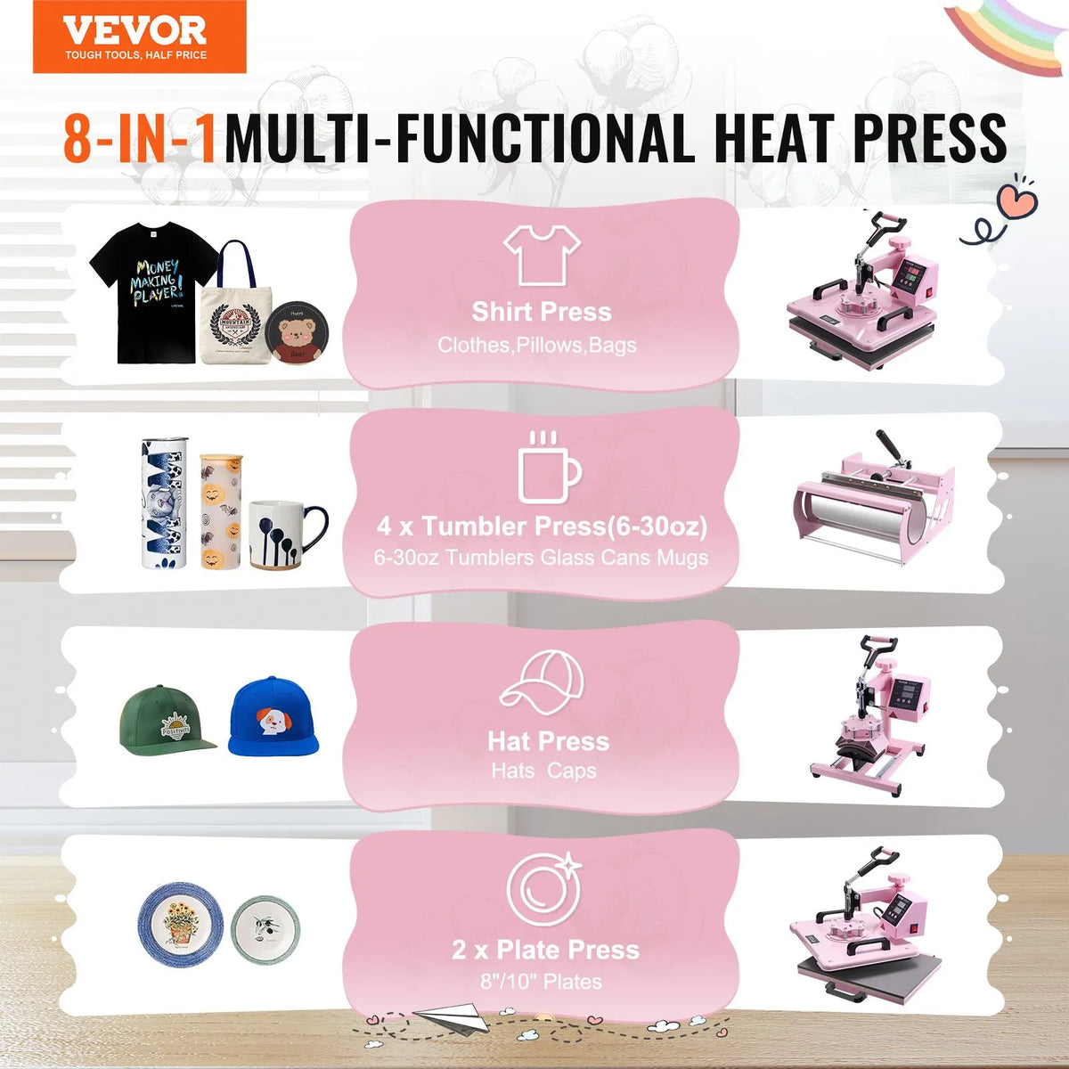VEVOR termoprese 305 x 381 mm 5 - in - 1 ar 850,5 g termokrūžu presi T - krekliem, rozā - ZEMLETES.LV