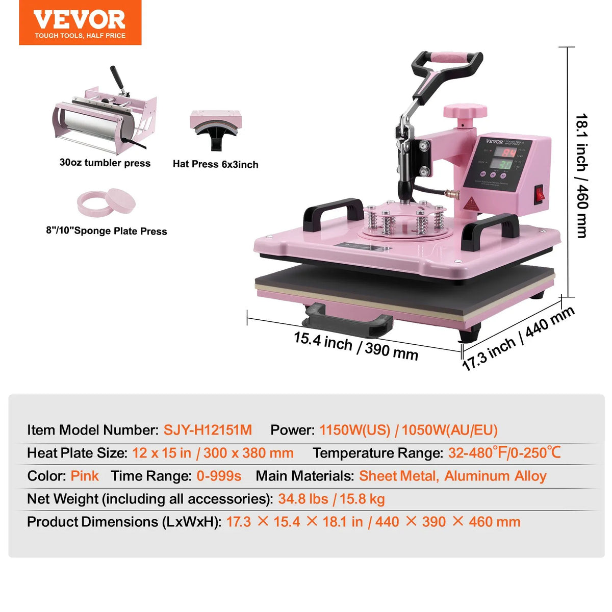 VEVOR termoprese 305 x 381 mm 5 - in - 1 ar 850,5 g termokrūžu presi T - krekliem, rozā - ZEMLETES.LV