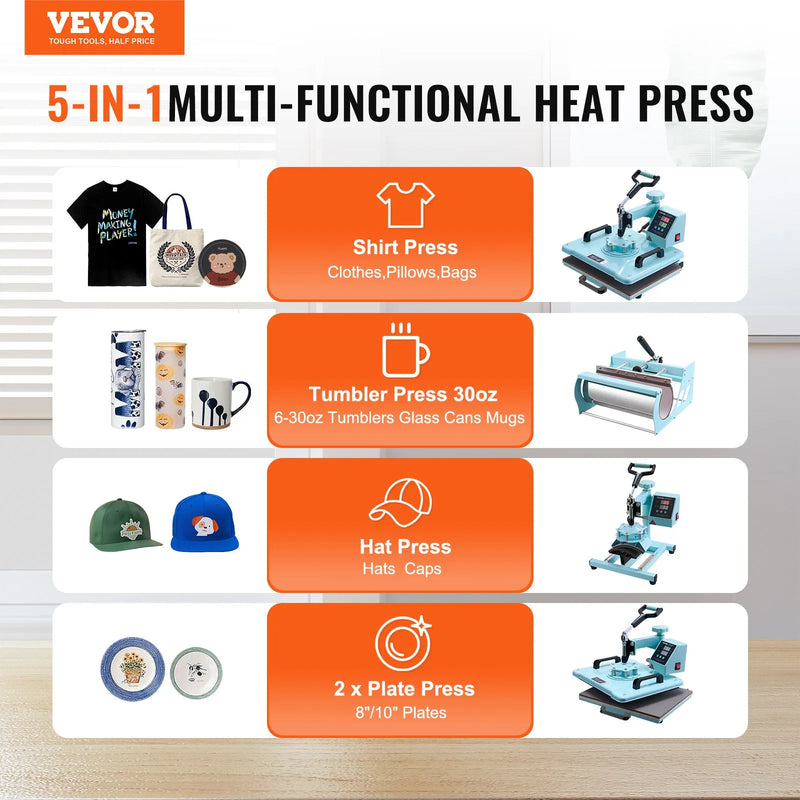 VEVOR 5 vienā termoprese 300 x 380 mm ar 850,5 g termokrūžu presi, 360° pagriežamu T - kreklu presi un digitālu temperatūras vadību T - krekliem, krūzēm, cepurēm un šķīvjiem zaļā krāsā - ZEMLETES.LV