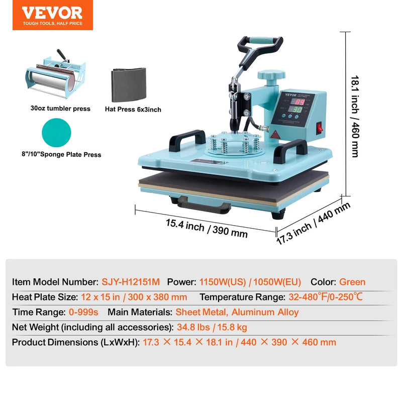 VEVOR 5 vienā termoprese 300 x 380 mm ar 850,5 g termokrūžu presi, 360° pagriežamu T - kreklu presi un digitālu temperatūras vadību T - krekliem, krūzēm, cepurēm un šķīvjiem zaļā krāsā - ZEMLETES.LV
