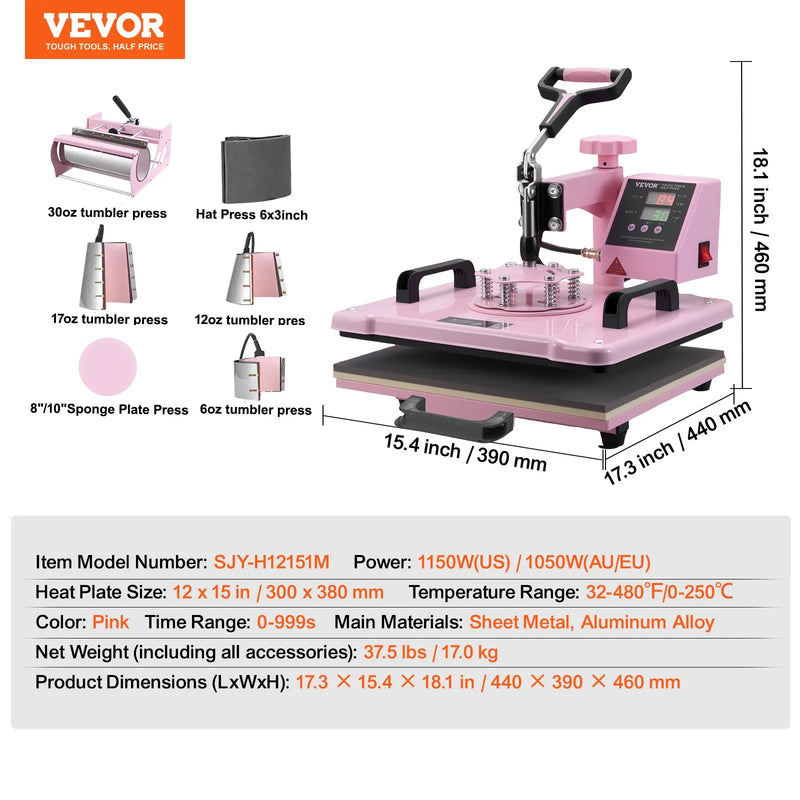 VEVOR 8 vienā termoprese ar krūžu presi 850,5 g, 30,5 x 38,1 cm T - krekliem rozā krāsā - ZEMLETES.LV