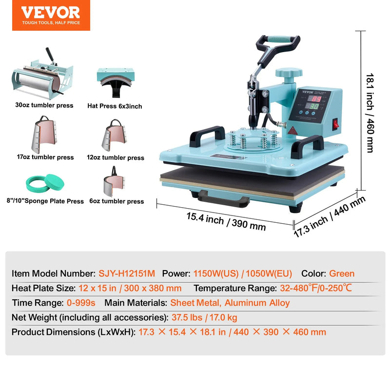 VEVOR 8 vienā termoprese 300 x 380 mm ar 850,5 g termokrūžu presi T - krekliem zaļā krāsā - ZEMLETES.LV