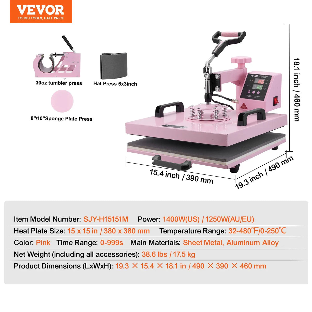 VEVOR termoprese 380 x 380 mm 5 - in - 1 ar 850,5 g termokrūžu presi T - krekliem, rozā - ZEMLETES.LV