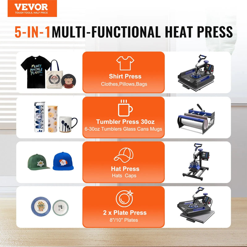 VEVOR 5 vienā termoprese 380 x 380 mm ar 850,5 g termokrūžu presi T - krekliem melnā un zilā krāsā - ZEMLETES.LV