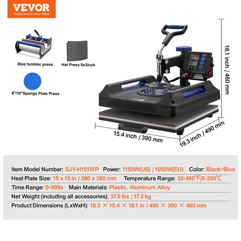VEVOR 5 vienā termoprese 380 x 380 mm ar 850,5 g termokrūžu presi T - krekliem melnā un zilā krāsā - ZEMLETES.LV