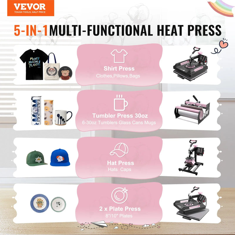 VEVOR 8 vienā termoprese ar krūžu presi 850,5 g, 38 x 38 cm T - krekliem melna - ZEMLETES.LV