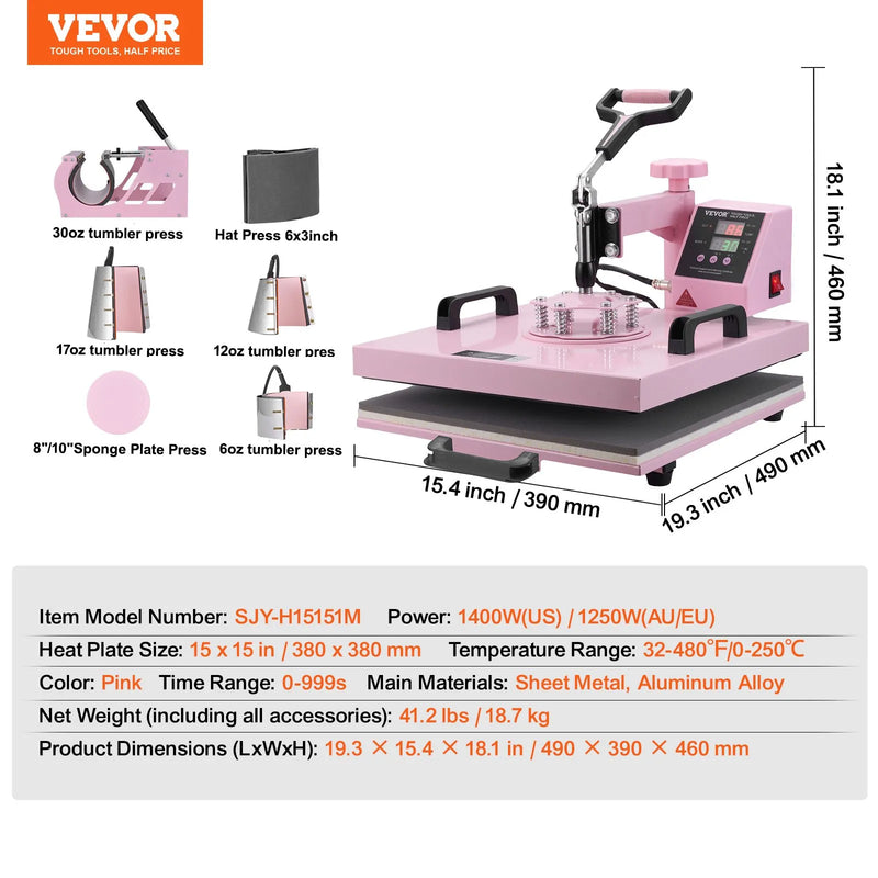 VEVOR 8 vienā termoprese ar krūžu presi 850,5 g, 38 x 38 cm T - krekliem rozā krāsā - ZEMLETES.LV