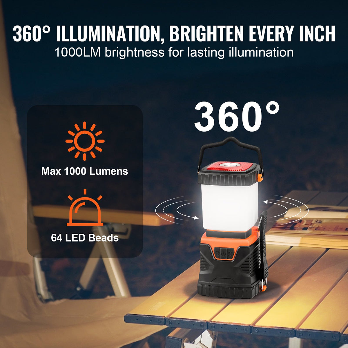 VEVOR 1000Lm LED Camping Lantern, Battery Powered, 4 Light Modes, Compact and Durable