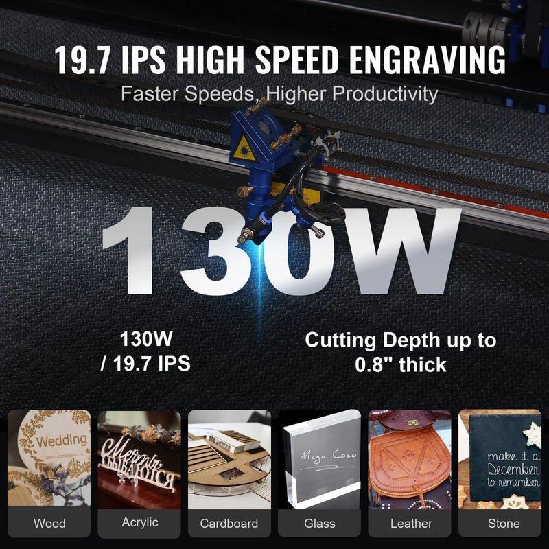 VEVOR 130 W CO₂ lāzera gravēšanas un griešanas iekārta, darba laukums 89 × 140 cm, līdz 500 mm/s, divvirzienu gaisa padeve, saderīga ar LightBurn, CorelDRAW un AutoCAD, Windows, macOS un Linux, kokam, akrilam un audumam