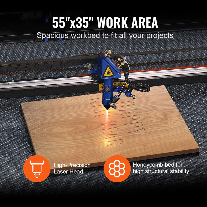 VEVOR 130 W CO₂ lāzera gravēšanas un griešanas iekārta, darba laukums 89 × 140 cm, līdz 500 mm/s, divvirzienu gaisa padeve, saderīga ar LightBurn, CorelDRAW un AutoCAD, Windows, macOS un Linux, kokam, akrilam un audumam