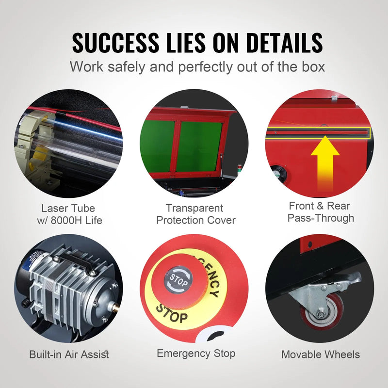 VEVOR 130 W CO₂ lāzera gravēšanas un griešanas iekārta, darba laukums 89 × 140 cm, līdz 500 mm/s, divvirzienu gaisa padeve, saderīga ar LightBurn, CorelDRAW un AutoCAD, Windows, macOS un Linux, kokam, akrilam un audumam