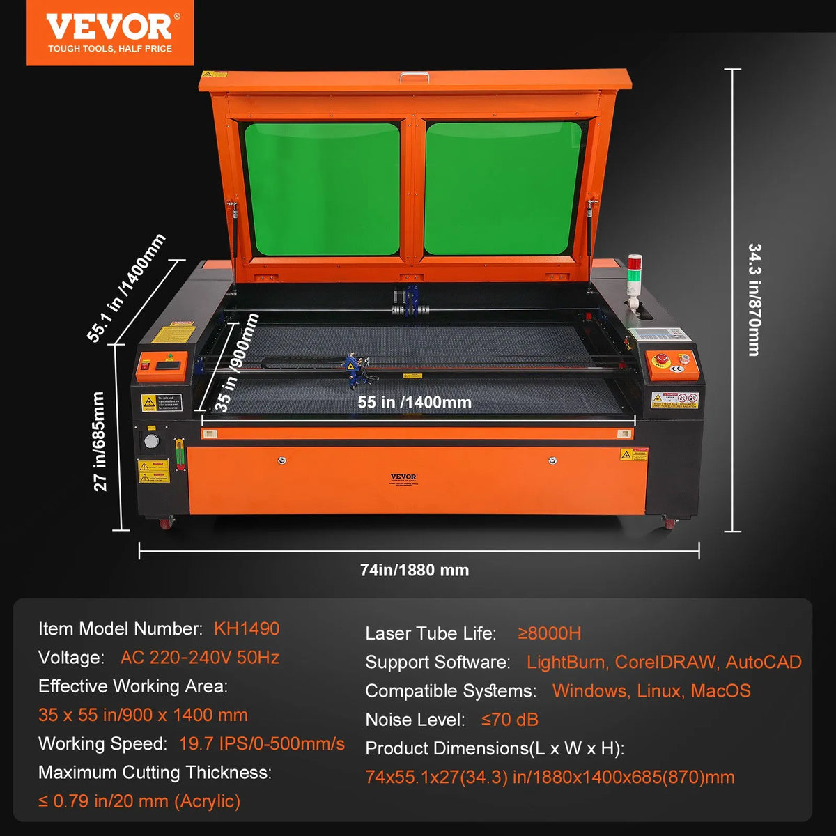 VEVOR 130 W CO₂ Laser Engraving and Cutting Machine 89 × 140 cm, up to 500 mm/s, Dual-Direction Air Assist, LightBurn, CorelDRAW, AutoCAD