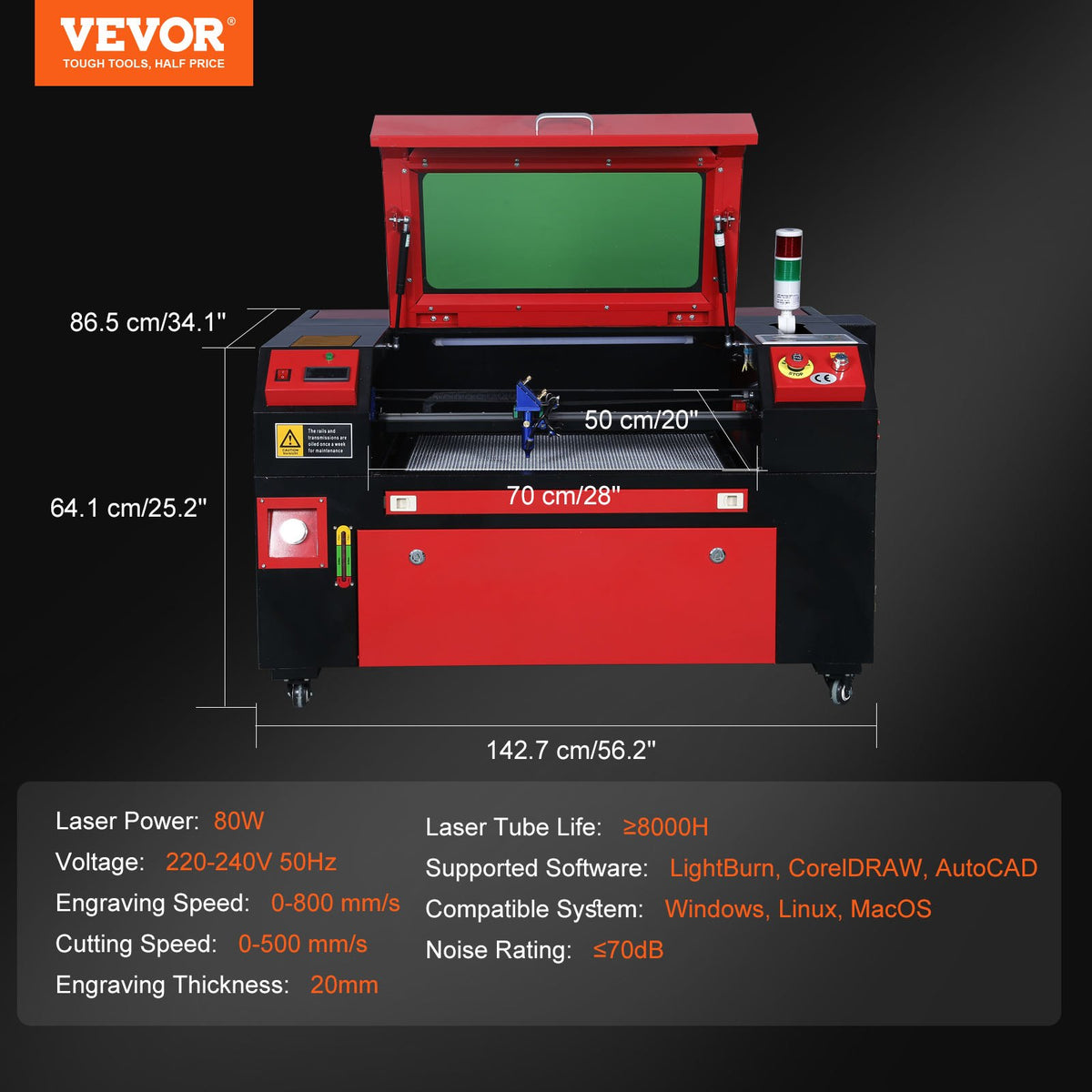 VEVOR 80 W CO₂ lāzera gravēšanas un griešanas iekārta 500 × 700 mm