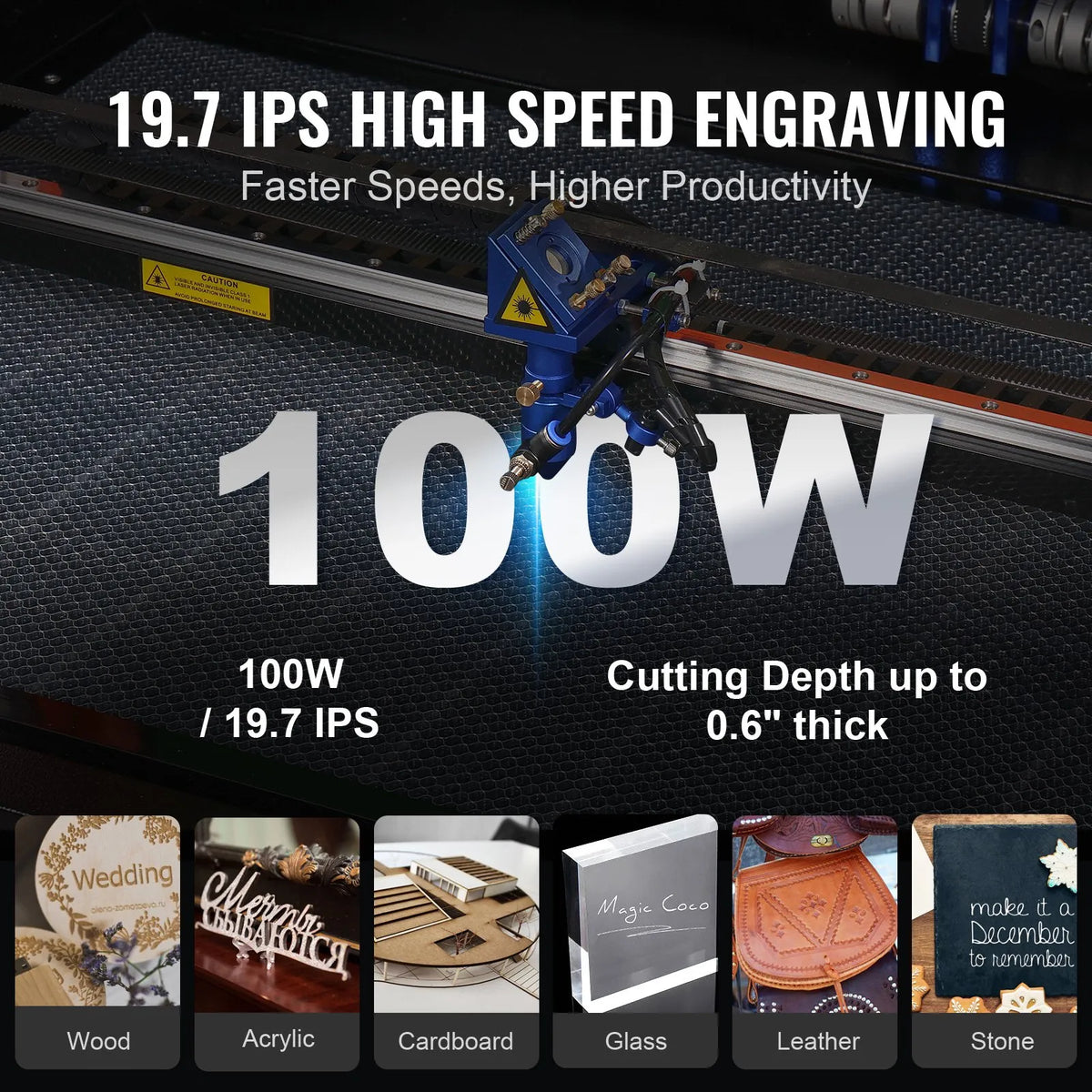 VEVOR 100 W CO₂ Laser Engraving and Cutting Machine 61 × 89 cm, up to 500 mm/s, Dual-Direction Air Assist, LightBurn, CorelDRAW, AutoCAD