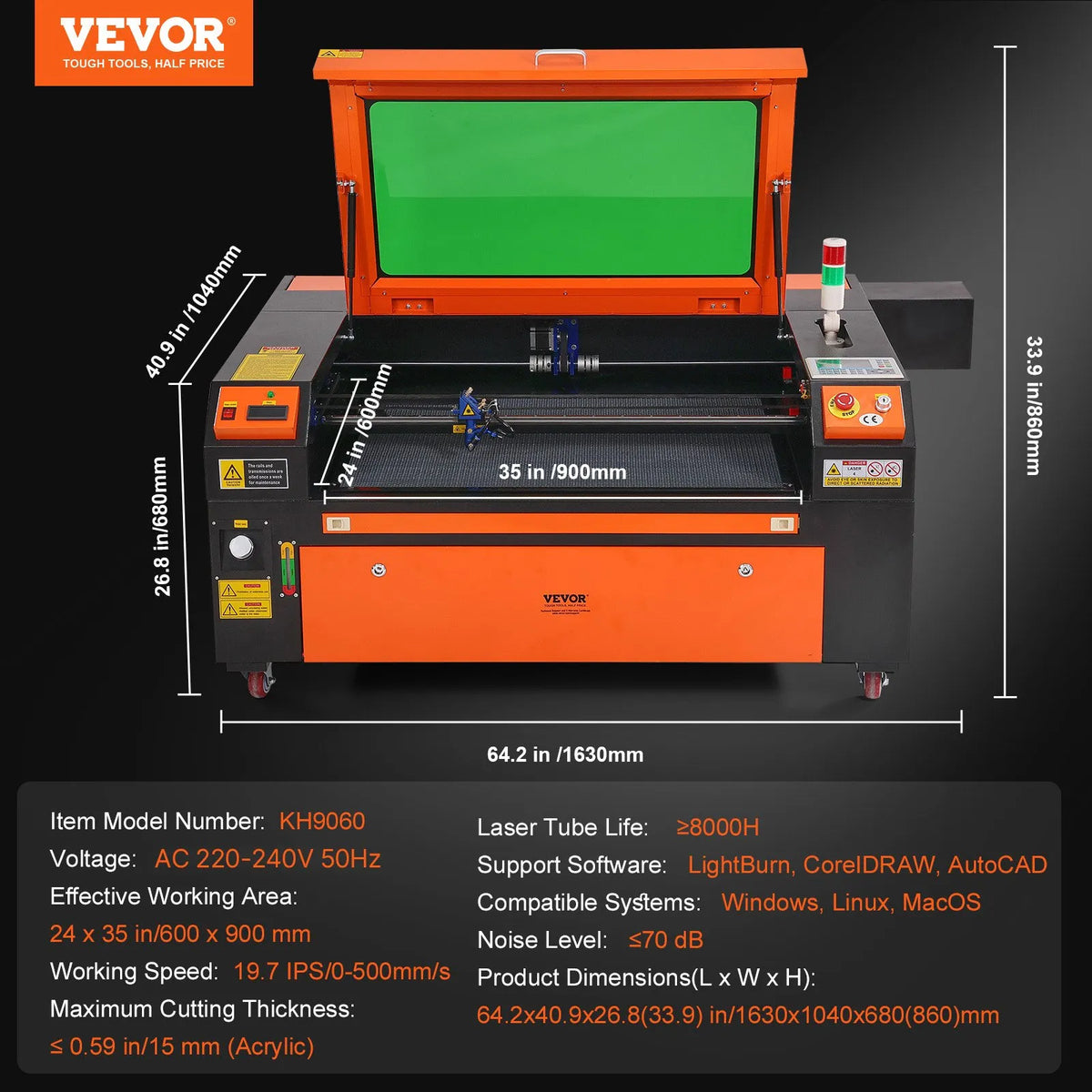 VEVOR 100 W CO₂ Laser Engraving and Cutting Machine 61 × 89 cm, up to 500 mm/s, Dual-Direction Air Assist, LightBurn, CorelDRAW, AutoCAD