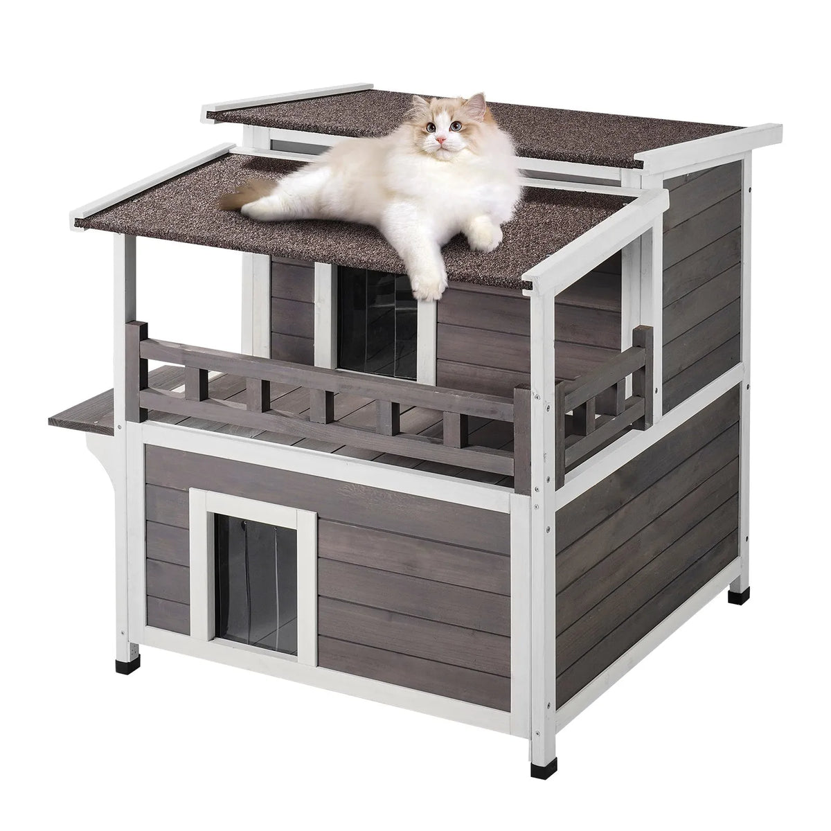 VEVOR Two-Storey Outdoor Wooden Cat House with Balcony and Openable Roof, 1-3 Cats, 76 × 76 × 81 cm