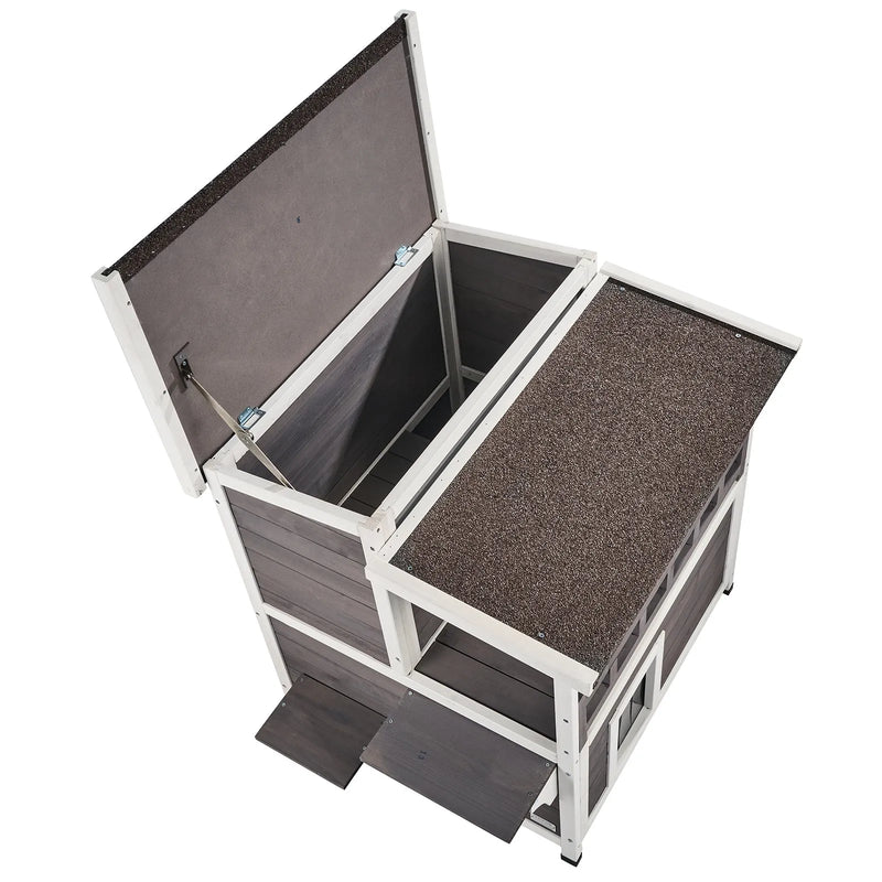 VEVOR divstāvu laikapstākļu izturīga āra koka māja kaķiem ar balkonu, durvīm, PVC aizkariem un atveramu jumtu, piemērota vairākiem kaķiem, 76.2 × 76.2 × 81.28 cm