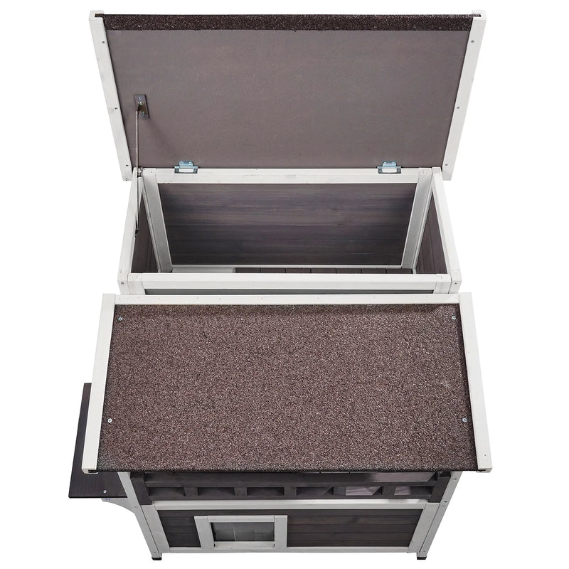 VEVOR divstāvu laikapstākļu izturīga āra koka māja kaķiem ar balkonu, durvīm, PVC aizkariem un atveramu jumtu, piemērota vairākiem kaķiem, 76.2 × 76.2 × 81.28 cm