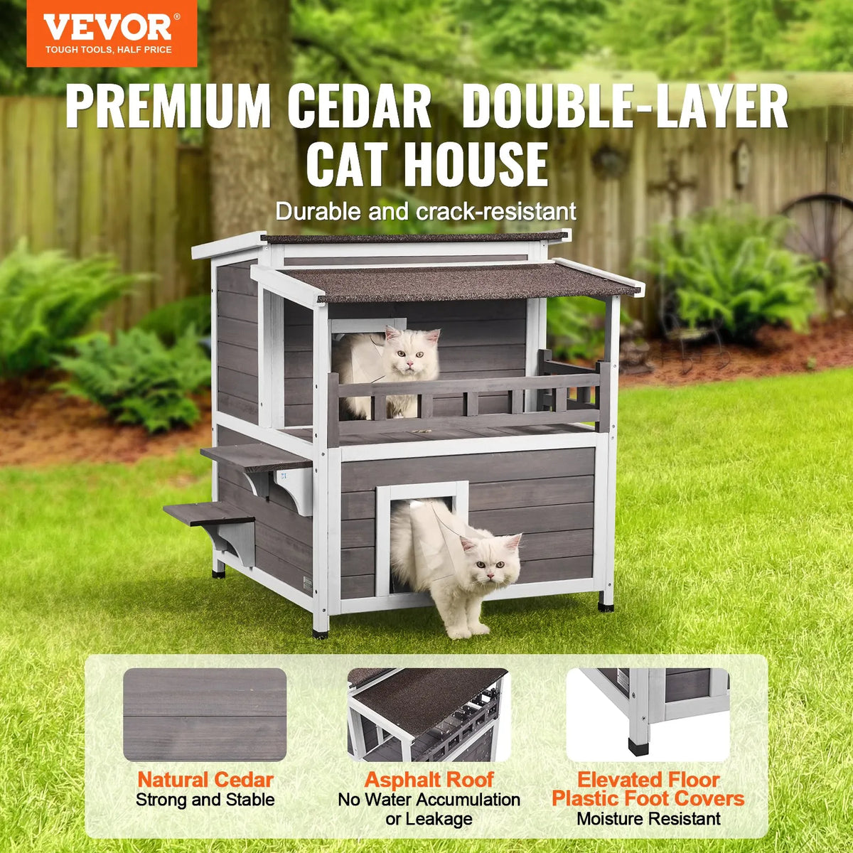 VEVOR Two-Storey Outdoor Wooden Cat House with Balcony and Openable Roof, 1-3 Cats, 76 × 76 × 81 cm