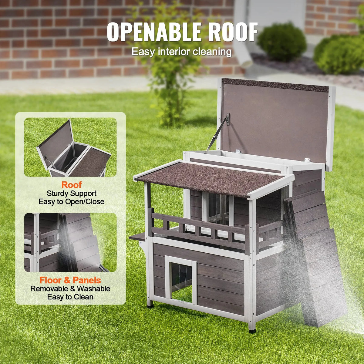 VEVOR Two-Storey Outdoor Wooden Cat House with Balcony and Openable Roof, 1-3 Cats, 76 × 76 × 81 cm