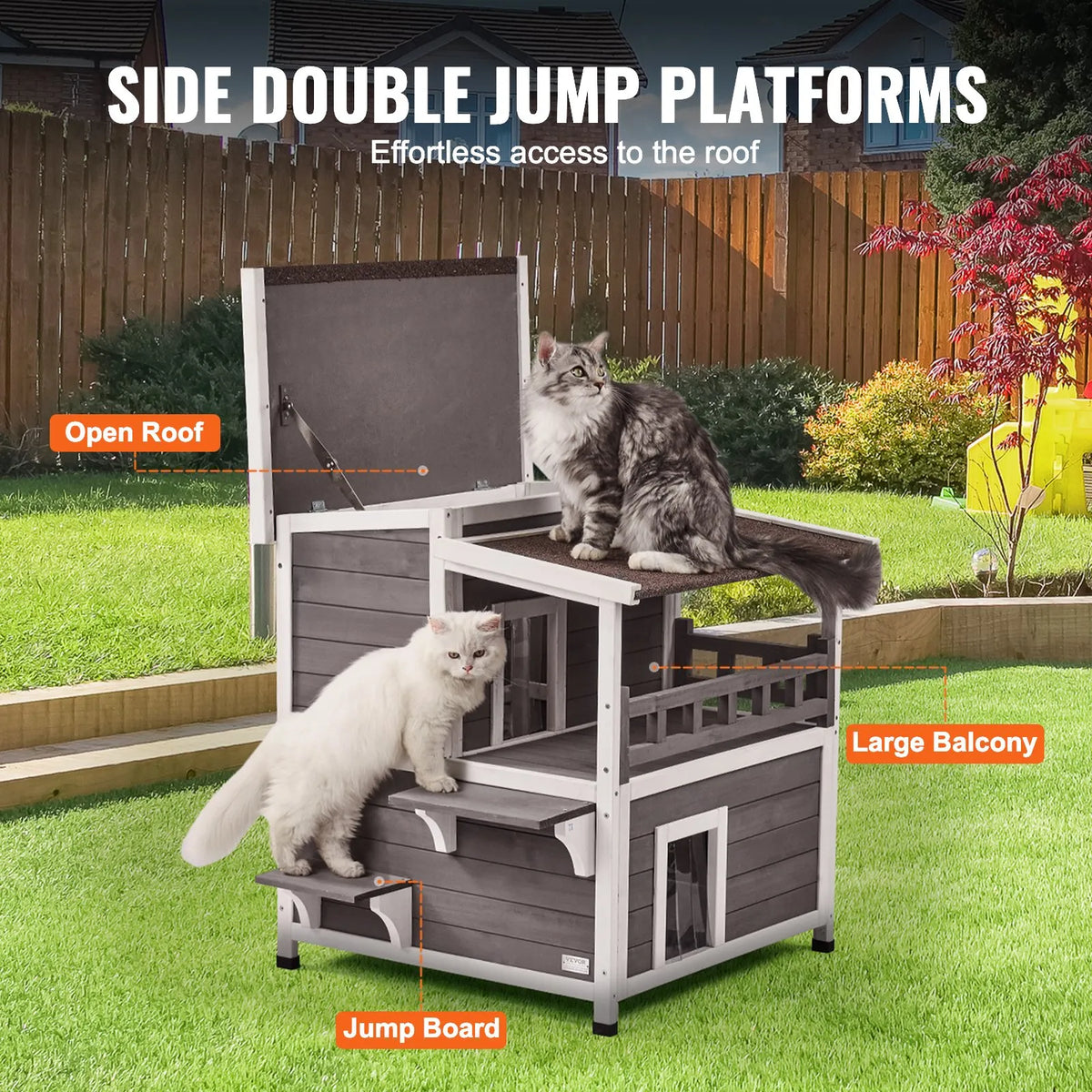 VEVOR Two-Storey Outdoor Wooden Cat House with Balcony and Openable Roof, 1-3 Cats, 76 × 76 × 81 cm