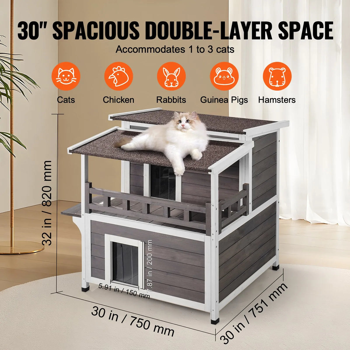 VEVOR Two-Storey Outdoor Wooden Cat House with Balcony and Openable Roof, 1-3 Cats, 76 × 76 × 81 cm