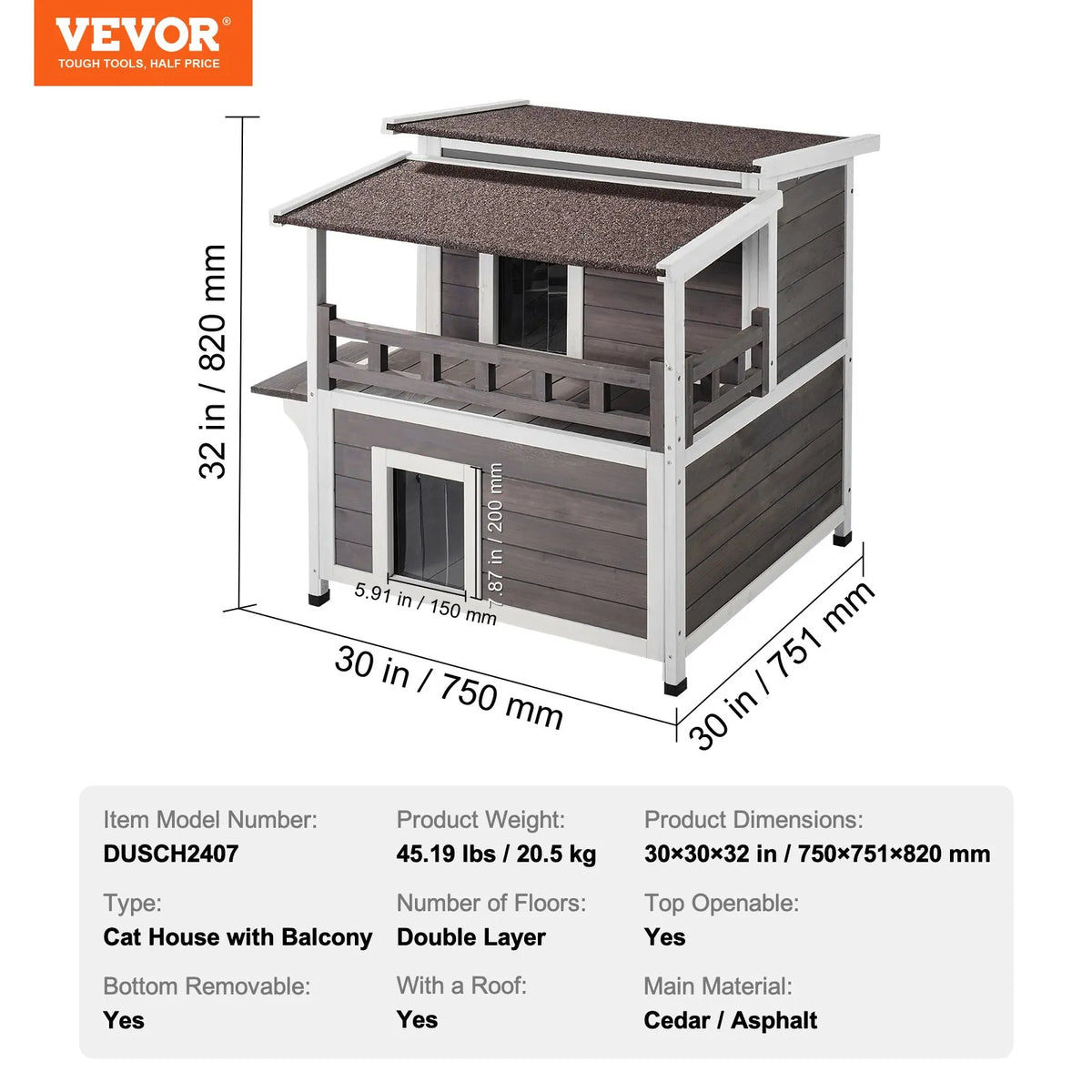 VEVOR Two-Storey Outdoor Wooden Cat House with Balcony and Openable Roof, 1-3 Cats, 76 × 76 × 81 cm