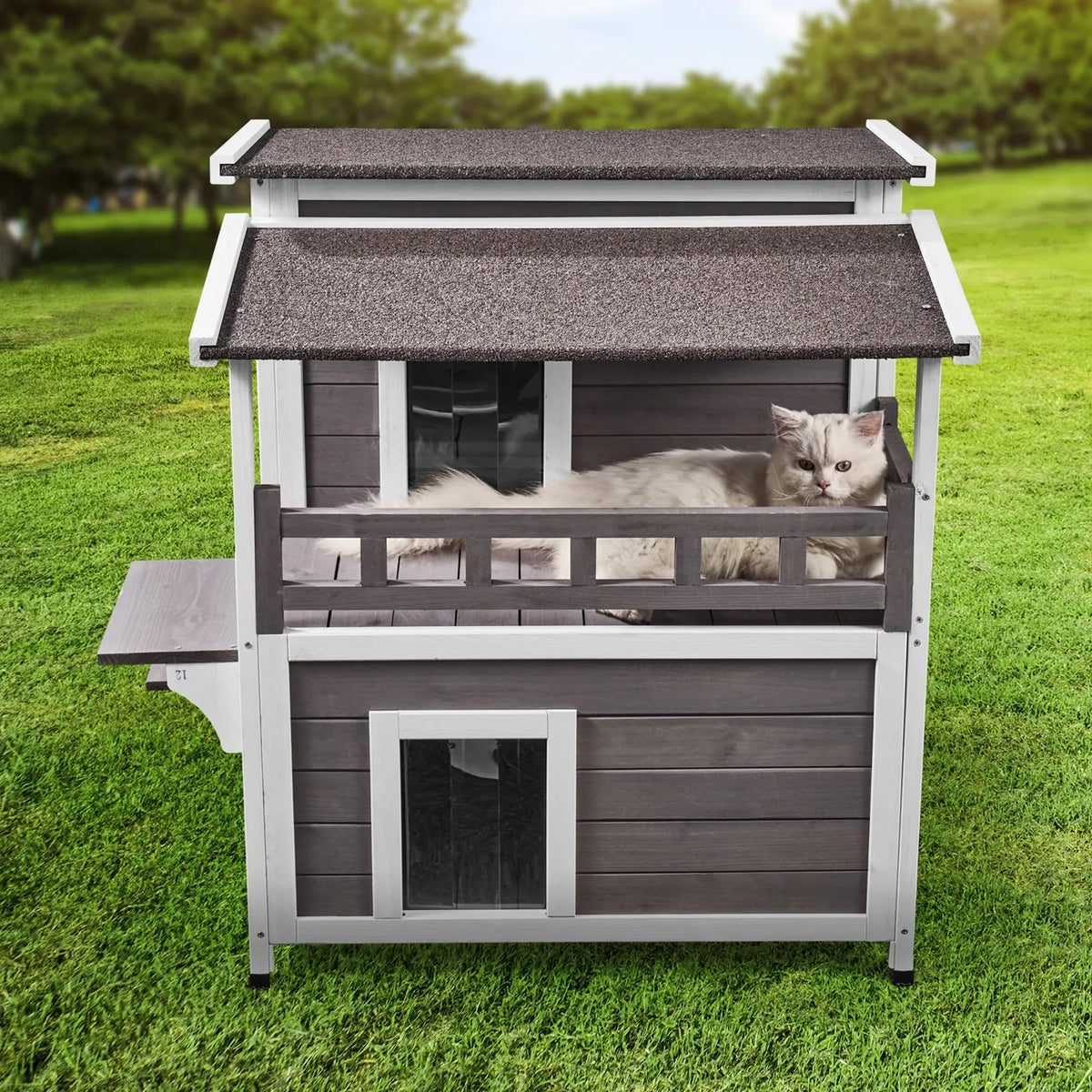 VEVOR Two-Storey Outdoor Wooden Cat House with Balcony and Openable Roof, 1-3 Cats, 76 × 76 × 81 cm