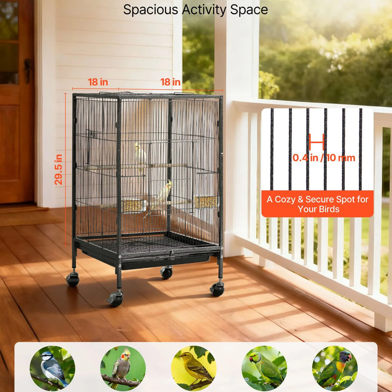 VEVOR putnu būris, 460 × 460 × 770 mm, ar atveramu plakanu augšdaļu, kalta dzelzs lidojuma būris ar sēžamkociņiem, izvelkamu paplāti, plastmasas barotavām un ritenīšiem papagaiļiem, zīlītēm, nimfām, kanārijputniem, viļņotajiem un konūriem