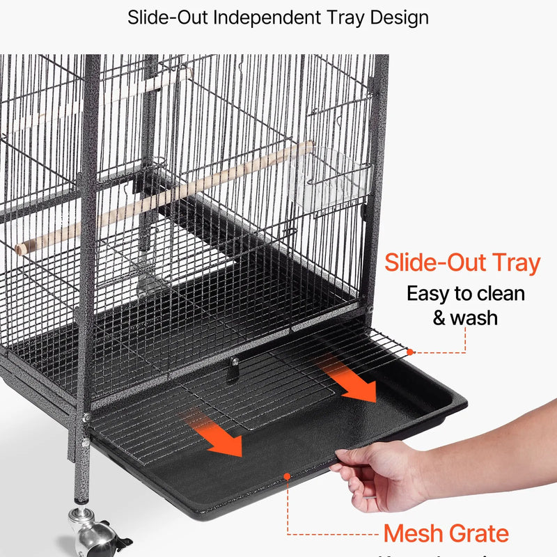 VEVOR putnu būris, 460 × 460 × 770 mm, ar atveramu plakanu augšdaļu, kalta dzelzs lidojuma būris ar sēžamkociņiem, izvelkamu paplāti, plastmasas barotavām un ritenīšiem papagaiļiem, zīlītēm, nimfām, kanārijputniem, viļņotajiem un konūriem