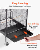 VEVOR putnu būris, 460 × 460 × 770 mm, ar atveramu plakanu augšdaļu, kalta dzelzs lidojuma būris ar sēžamkociņiem, izvelkamu paplāti, plastmasas barotavām un ritenīšiem papagaiļiem, zīlītēm, nimfām, kanārijputniem, viļņotajiem un konūriem