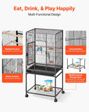 VEVOR putnu būris 625 × 425 × 1370 mm ar plakanu augšu, kalta dzelzs lidojuma būris ar sēžkociņiem, izvelkamu paplāti un plastmasas barotavām, ar ritenīšiem papagaiļiem, zīlītēm, nimfām, kanārijputniņiem, viļņainajiem papagaiļiem un konūrām