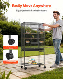 VEVOR putnu būris 625 × 425 × 1370 mm ar plakanu augšu, kalta dzelzs lidojuma būris ar sēžkociņiem, izvelkamu paplāti un plastmasas barotavām, ar ritenīšiem papagaiļiem, zīlītēm, nimfām, kanārijputniņiem, viļņainajiem papagaiļiem un konūrām