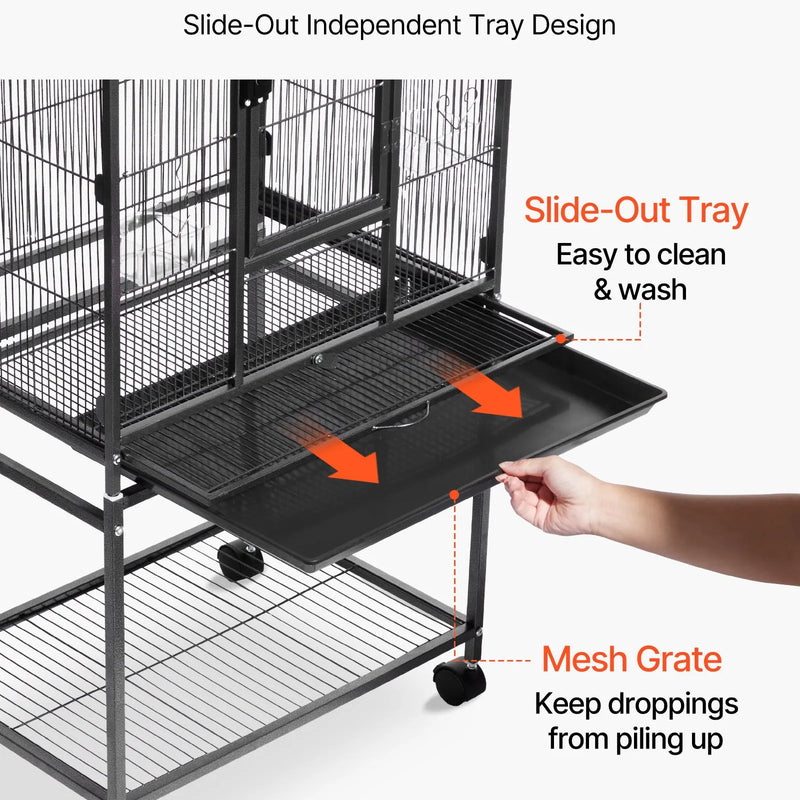 VEVOR putnu būris 625 × 425 × 1370 mm ar plakanu augšu, kalta dzelzs lidojuma būris ar sēžkociņiem, izvelkamu paplāti un plastmasas barotavām, ar ritenīšiem papagaiļiem, zīlītēm, nimfām, kanārijputniņiem, viļņainajiem papagaiļiem un konūrām