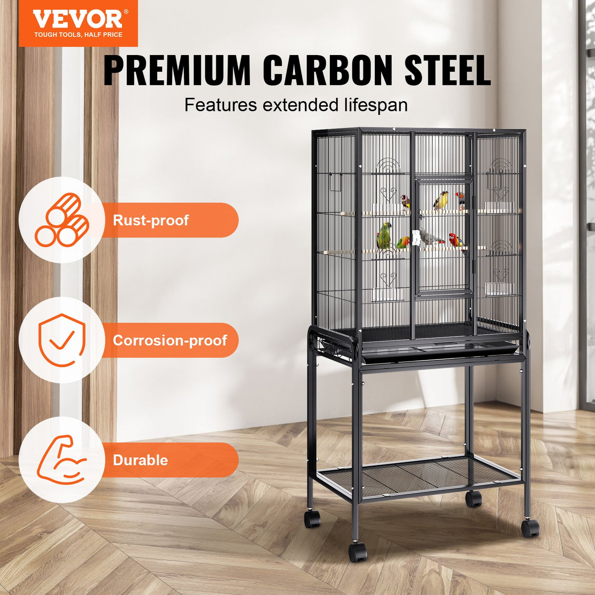 VEVOR Large Standing Bird Cage with Wheels, Carbon Steel, 137 cm