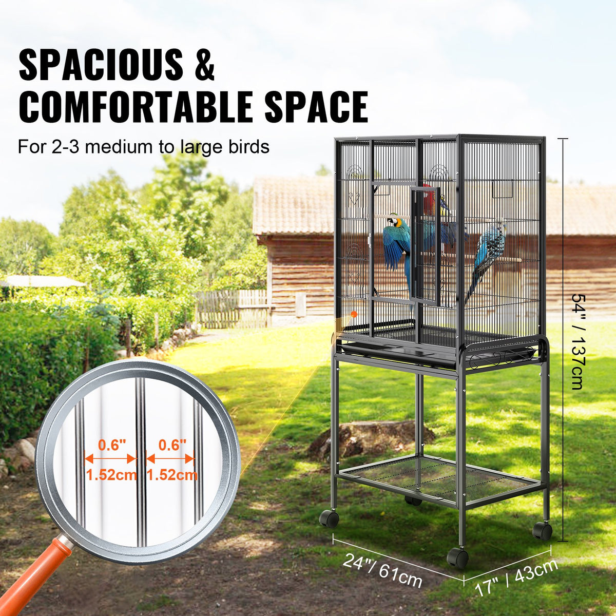 VEVOR Large Standing Bird Cage with Wheels, Carbon Steel, 137 cm