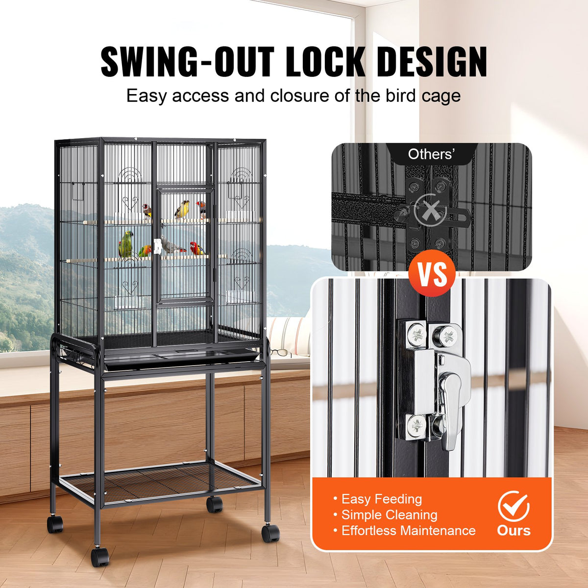 VEVOR Large Standing Bird Cage with Wheels, Carbon Steel, 137 cm