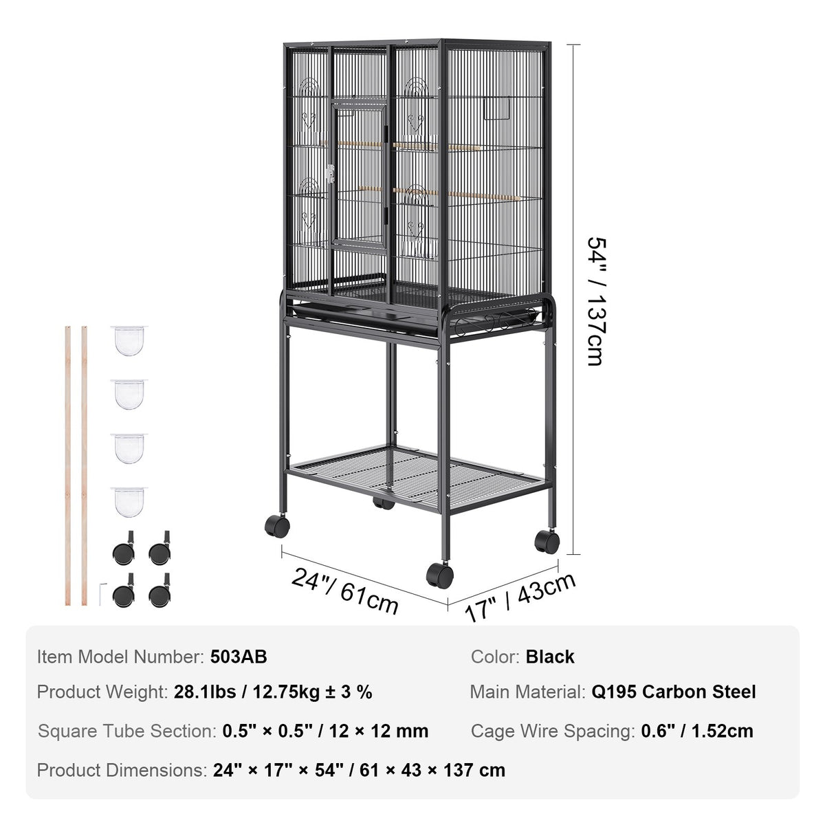 VEVOR Large Standing Bird Cage with Wheels, Carbon Steel, 137 cm