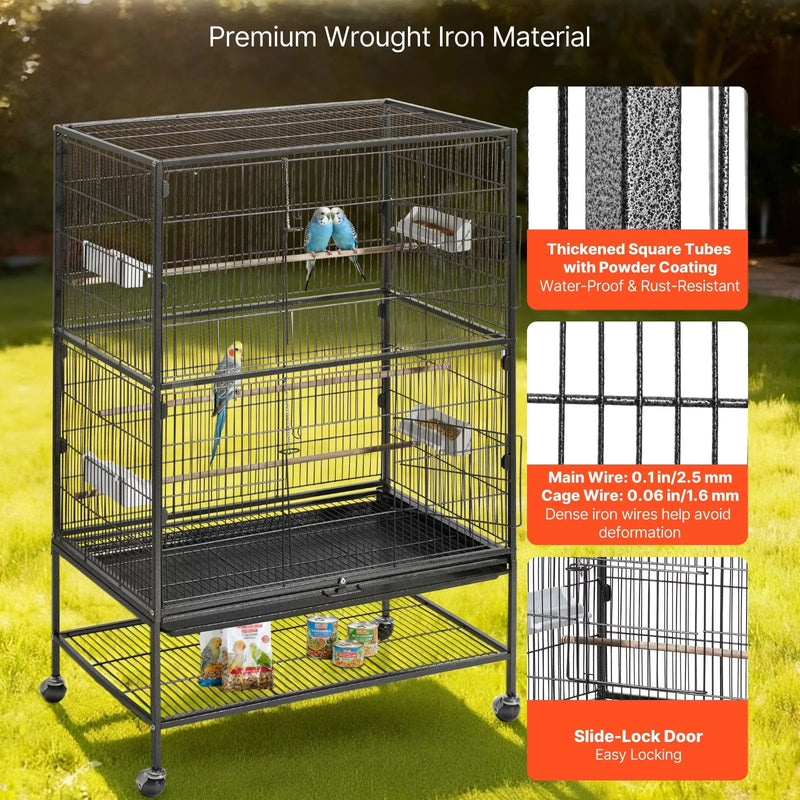 VEVOR putnu būris 800 × 520 × 1320 mm ar plakanu augšu, kalta dzelzs lidojuma būris ar sēžkociņiem, izvelkamu paplāti un plastmasas barotavām, ar ritentiņiem papagaiļiem, zīlītēm, nimfām, kanārijputniņiem un mūku papagaiļiem