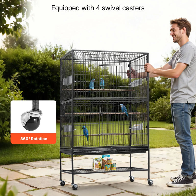 VEVOR putnu būris 800 × 520 × 1320 mm ar plakanu augšu, kalta dzelzs lidojuma būris ar sēžkociņiem, izvelkamu paplāti un plastmasas barotavām, ar ritentiņiem papagaiļiem, zīlītēm, nimfām, kanārijputniņiem un mūku papagaiļiem