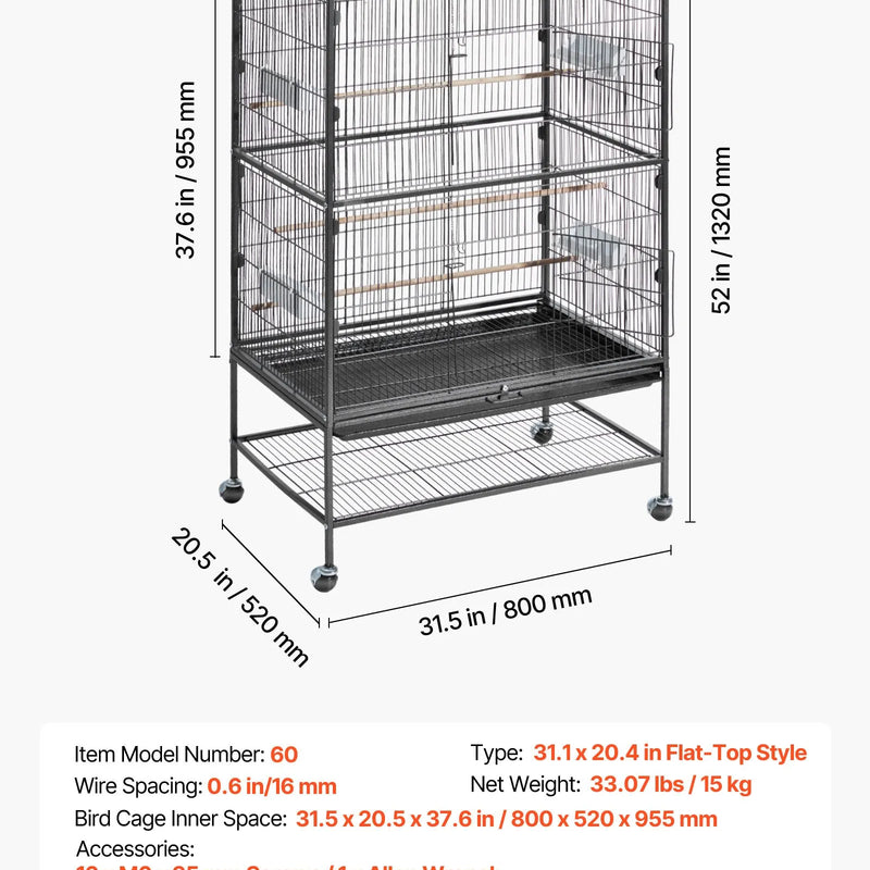 VEVOR putnu būris 800 × 520 × 1320 mm ar plakanu augšu, kalta dzelzs lidojuma būris ar sēžkociņiem, izvelkamu paplāti un plastmasas barotavām, ar ritentiņiem papagaiļiem, zīlītēm, nimfām, kanārijputniņiem un mūku papagaiļiem