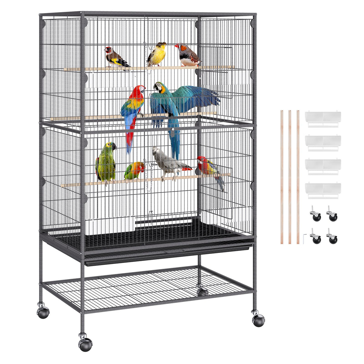 VEVOR Large Standing Bird Cage with Wheels and Tray for Parrots and Macaws, Carbon Steel, 132 cm