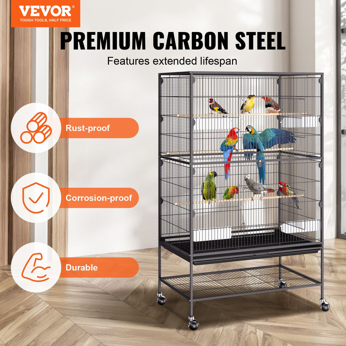 VEVOR Large Standing Bird Cage with Wheels and Tray for Parrots and Macaws, Carbon Steel, 132 cm