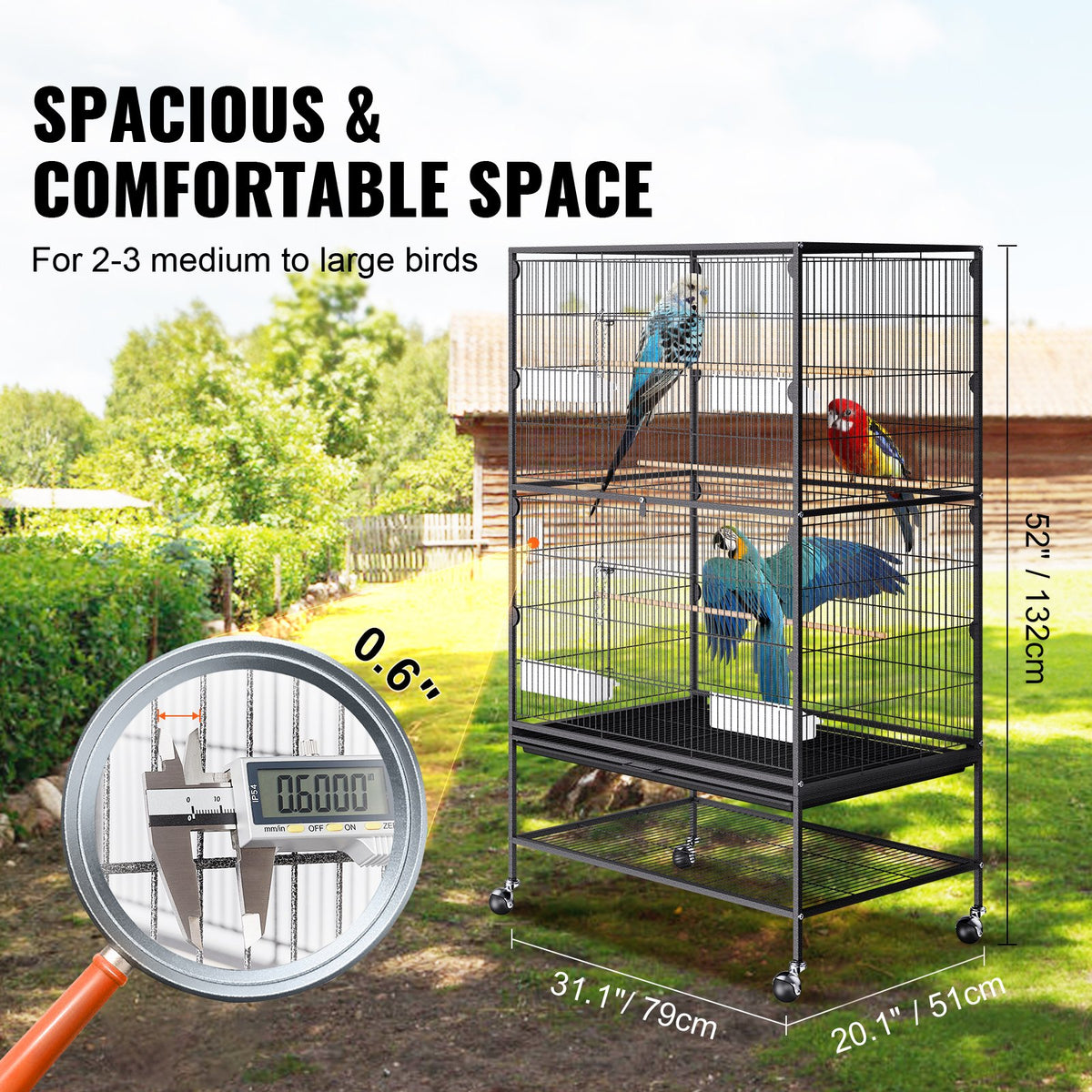 VEVOR Large Standing Bird Cage with Wheels and Tray for Parrots and Macaws, Carbon Steel, 132 cm